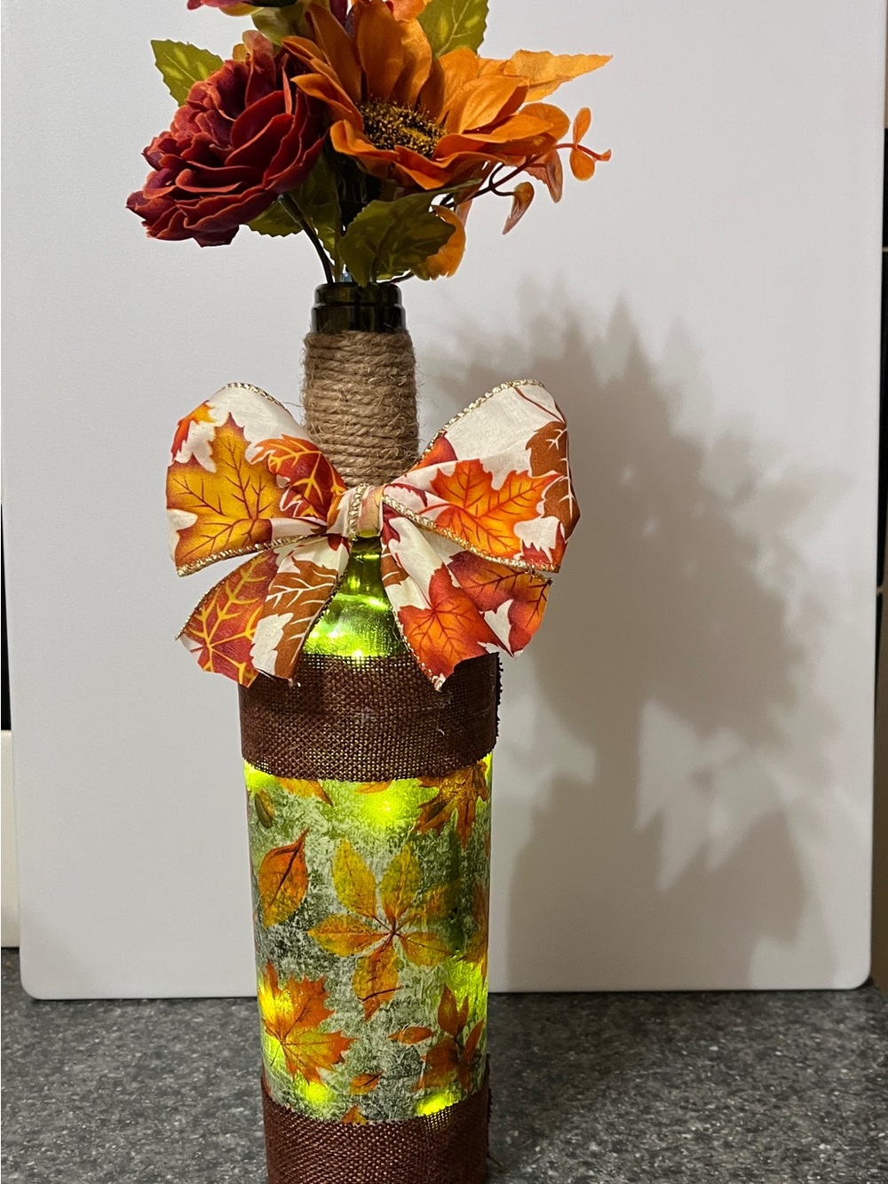 Autumn Leaf Lighted Bottle Vase with Orange Fall Bow